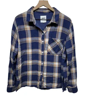 Aerie Gauzy Cotton Plaid Button Up Top Women Sz M Beach Cover Up‎ Coastal Boho thumbnail 1