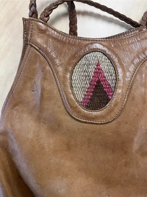 Vintage Leather Hobo Shoulder Bag W/ Woven Strap & Central Tapestry Inset thumbnail 5