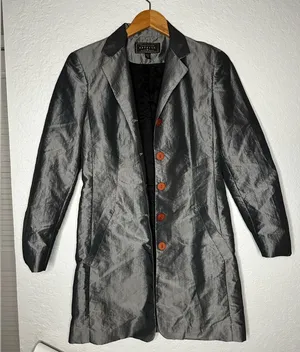 Vintage Express Silver Trench Coat Pockets Nylon Shimmer Y2K Glam Fall Small thumbnail 1