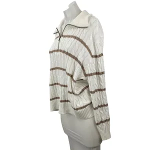 Hollister Womens White Brown Cable Knit 1/4 Zip Collared Polo Sweater Top Size S thumbnail 3