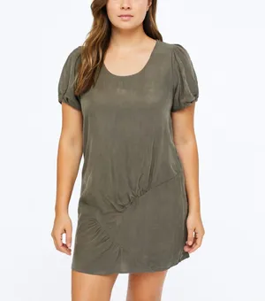 Marni 100% Silk Olive Green Ruched Puff Sleeve Shift Mini Dress M thumbnail 8