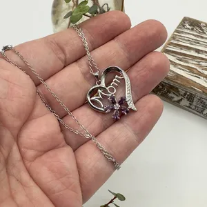 Mom Sterling Silver CZ Heart Necklace thumbnail 3