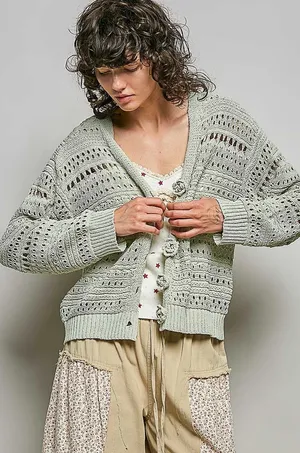 POL Open-Knit Floral‎ Button Cardigan - Large thumbnail 1