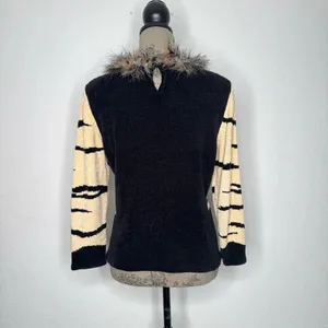 Elizabeth New York Tan Black Fuzzy Collar Rare Vintage Sweater Top Small thumbnail 8