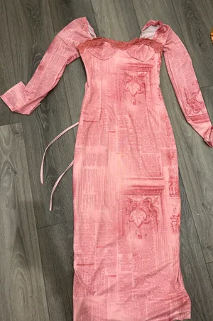 Corset Mesh Midi Dress, pink retro print, fitted long sleeves, lace up back thumbnail 3