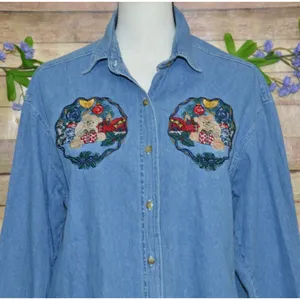 Vintage Quizz Again Cotton Denim Button Up Shirt Size M Embroidered Christmas thumbnail 2