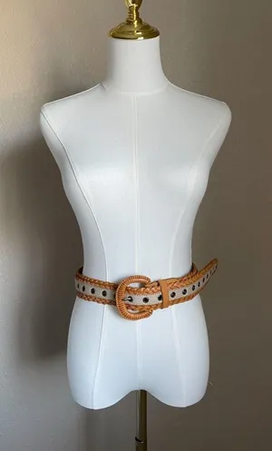 Woven Leather and Canvas Grommet Belt Wrapped Buckle One Size Cognac and Cream thumbnail 1