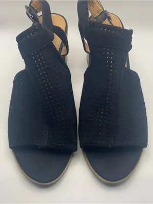 Franco Sarto black suede leather perforated peep toe block heel sandals 9.5 thumbnail 1