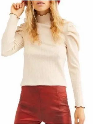 FREE PEOPLE Ela Mock Neck Puff Sleeve Blouse Beige Size Small thumbnail 1