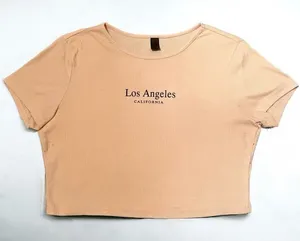 SHEIN Beige “Los Angeles California” Short Sleeve Ribbed Fitted Crop Top thumbnail 1
