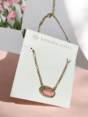 Kendra Scott Elisa Vintage Gold Etch Frame Short Pendant Necklace in Rose Quartz thumbnail 1