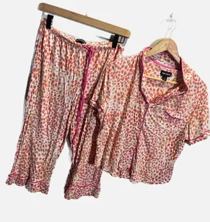 Room Service Pajama Set Womens M/L Orange Pink Dot Print‎ Button Down Sleepwear thumbnail 1