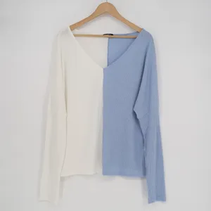 Shein Sweater Womens Large White Blue Knit Stretch Long Sleeve V-Neck Pullover thumbnail 2