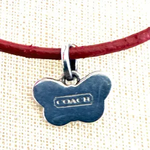 Coach Sterling Silver Pink Enamel Butterfly Necklace Red Leather Cord thumbnail 4