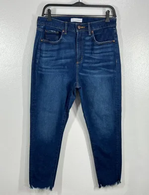 LOFT‎ High Rise Mom Jeans Frayed Hem Dark Wash Denim Comfort Stretch Size10 thumbnail 3