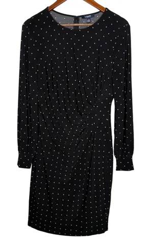Chaps Black Polka‎ Dot Long Sleeve Ruched Sheath Dress - Women's Sz L thumbnail 1