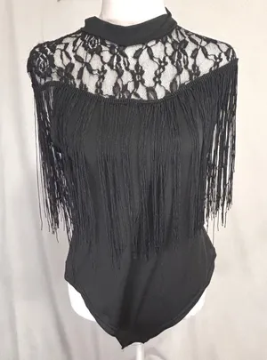 Fringe Lace Bodysuit Womens XL Black Mock Neck Western Clubwear‎ Festival Party thumbnail 1
