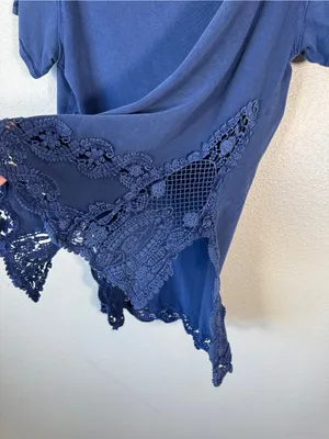 Free People Blue Crochet Short Sleeve Tunic Blouse Womens L Casual Boho thumbnail 7