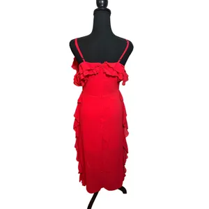 EillyBazar Red Ruffle Cold Shoulder Midi Dress Adjustable Straps Fairy Holiday thumbnail 3