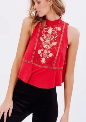 Free People Boho Cottagecore Pineapple Lace Embroidered Flora Swing Tank Top thumbnail 1