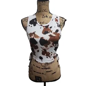 LE LIS Crop Top Womens Size M Cow Print Sleeveless Round‎ Neck Side Tie Bohemian thumbnail 2