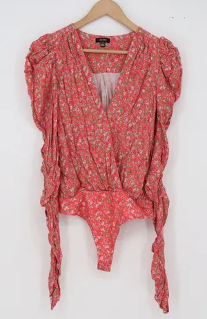 AFRM Bodysuit Womens S Red Floral Puff Ruched Long Sleeve thumbnail 1