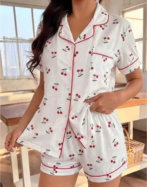NIB- White Cherry Print Satin Pajama Set Short Sleeve Button Down Shorts XXL thumbnail 1
