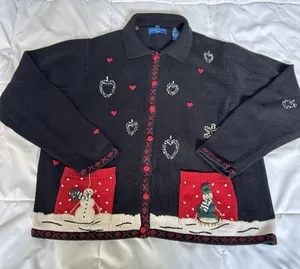 Vintage Karen Scott Snowman Sweater Cardigan Faux Fur Womens Large‎ L Snowflakes thumbnail 1