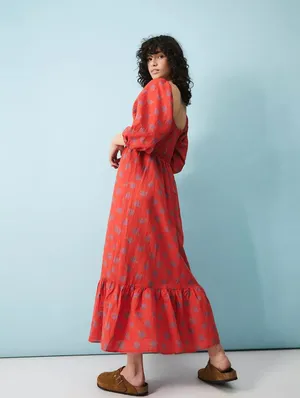 Red Floral Cotton Linen Dress S thumbnail 3