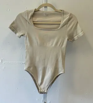 OQQ Ribbed Bodysuit Beige Square Neck Short Sleeve Stretch Small Minimalist thumbnail 1