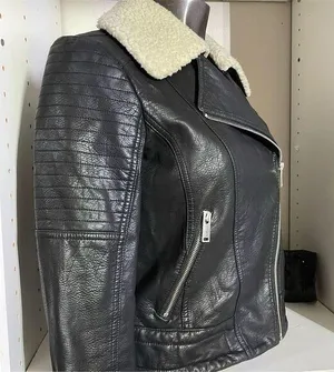 Women's Black Faux Leather Jacket M Quilted Sleeves Sherpa Collar thumbnail 2