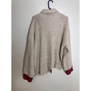 POL Turtleneck Cardigan Sweater Womens L Oatmeal Red Excellent Asymmetrical Knit thumbnail 6