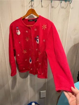 Cute cherry red holiday winter snowman 90s cotton blend cardigan sweater thumbnail 5