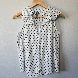 Anthropologie Polka Dot Ruffle Neck Sleeveless Button Up Shirt M‎ White Black thumbnail 9