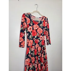 Sign Here Bright Red Floral Swing Midi Dress Jersey Modest Teacher Comfy Small thumbnail 2