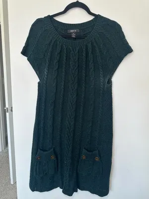 Style & Co Cable Knit Short Sleeve Sweater Dress Size XL Dark Green Pocket thumbnail 1