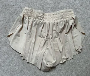 Beige Flowy High Waisted Workout Shorts Tan thumbnail 2