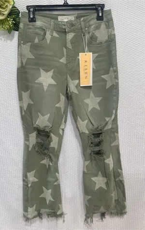 NWT Risen Jeans 5/27 Olive Star Print Distressed Crop Straight RDP5609 New with thumbnail 1