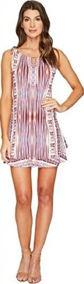 Hale Bob Slvls Pink Multi-Stripe Tiered Tie Shldr Mini Dress Boho Summer Beach thumbnail 1