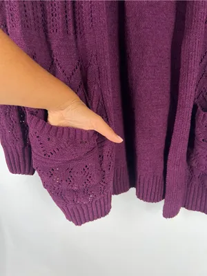 Hooked Up Cozy Cardi Winter Bloom Purple Pointelle Open Front Cardigan S NWT thumbnail 6