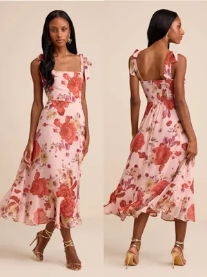 LULU’S Summer Invite Blush Pink Floral Tie-Strap Tiered Midi Dress thumbnail 2