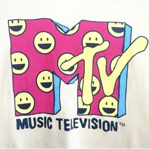 MTV Graphic Tee Women's Large Butter Yellow Ribbed Smiley Face Y2K‎ Retro Music thumbnail 4