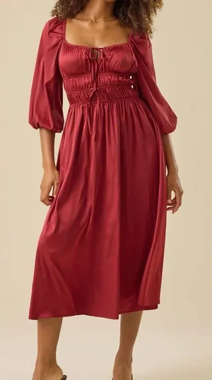 Amazon Satin red tie bust puff sleeve milkmaid midi dress M thumbnail 1