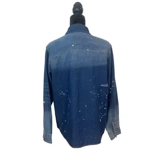 Lucky & Blessed Women's S Blue Distressed Paint Splatter Denim Western Shirt thumbnail 2