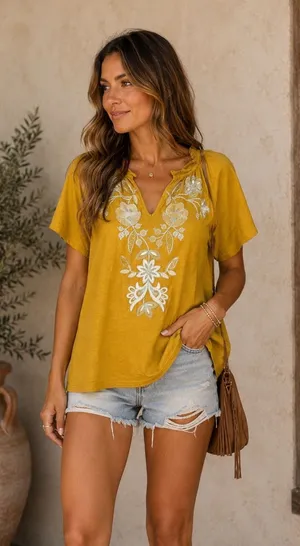 J. Jill Embroidered Mustard Boho Peasant Top Size‎ S Cottagecore Festival thumbnail 1