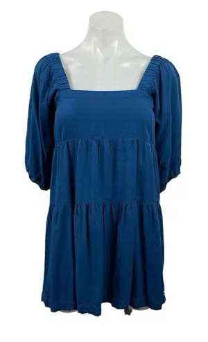 Shinestar Blue Square Neck 3/4 Sleeve Tiered Mini Babydoll Flare A-Line Dress XS thumbnail 1