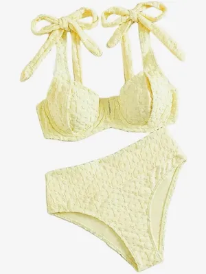 NEW Bikini Sets Flower Embossed Swimsuit Bikini Set Bow Strap Swimsuit S thumbnail 1