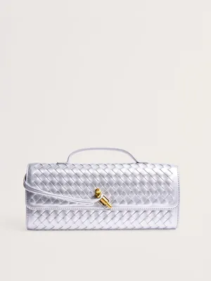 Woven Metallic Silver Shoulder Bag with Top Handle thumbnail 2