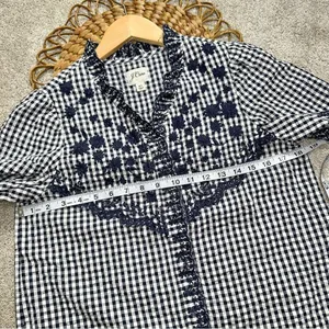 J.Crew Embroidered Indigo Crinkled Gingham Short Sleeve Navy White Top Cotton XS thumbnail 15