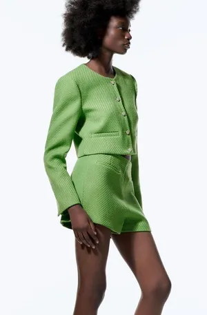 Zara Tweed Weave Structured High Waist Shorts Green Size S New thumbnail 7